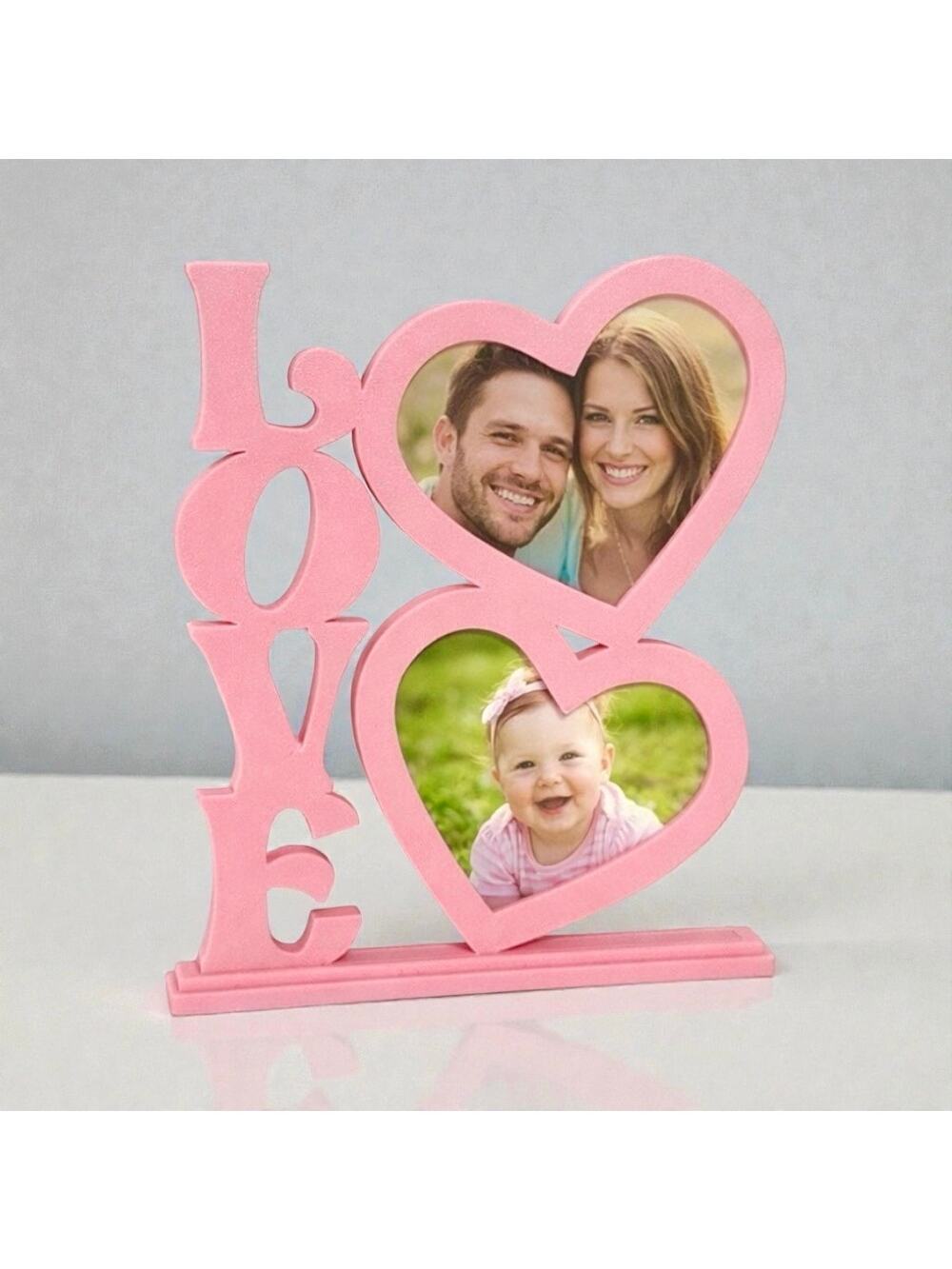 Pink LOVE Double Heart Picture Frame Plastic Valentines Day Tabletop Decor Gift
